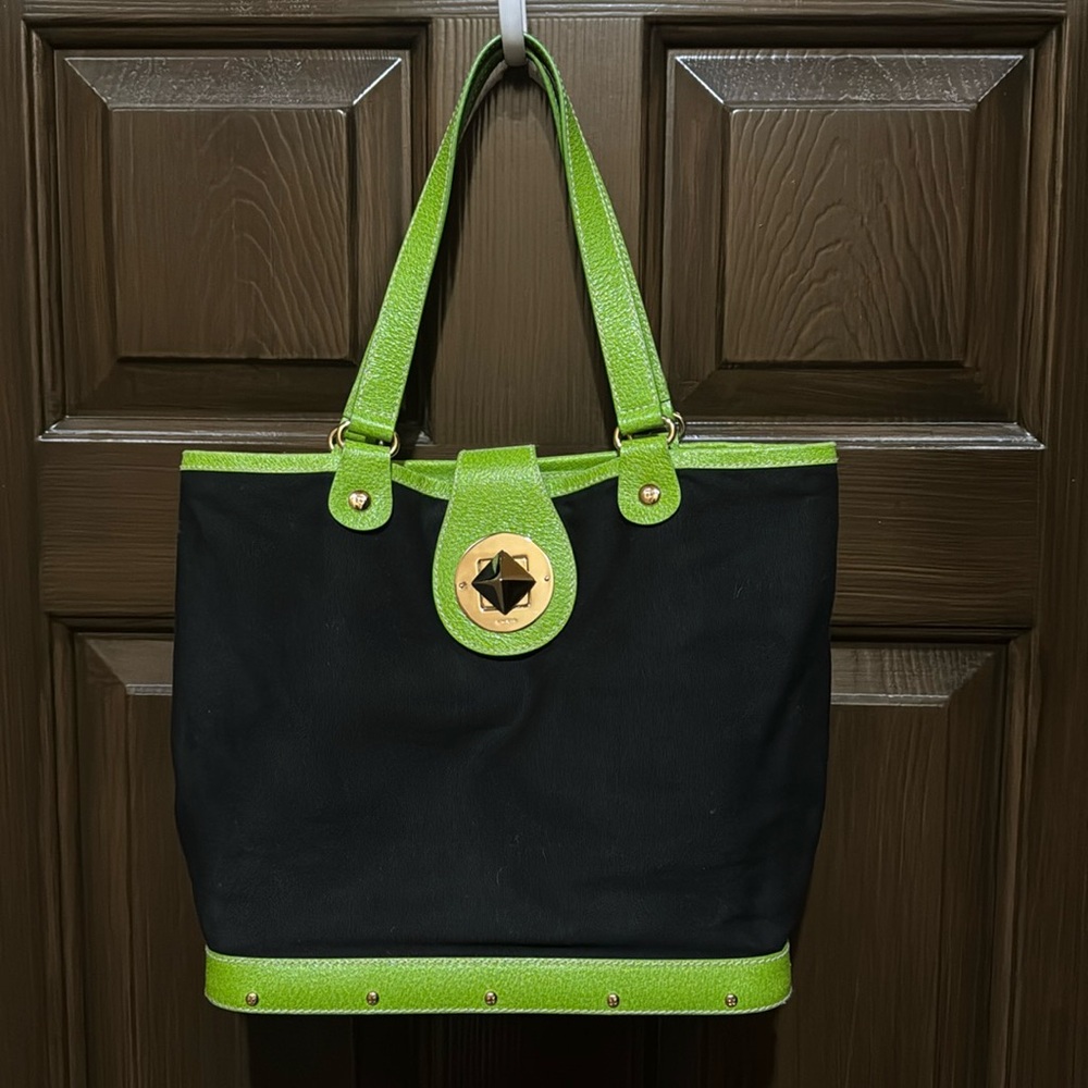 Kate Spade Canvas Black Green Bucket Bag Shoulder